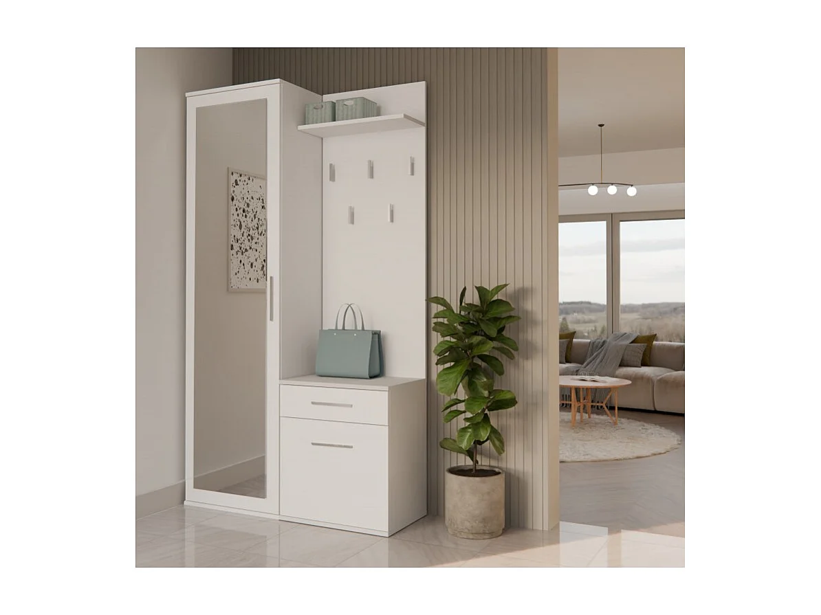 Garderoba Duo | Biała | 100x35x180 cm |Szafa, Lustro, Wieszak, Szuflada, Szafka