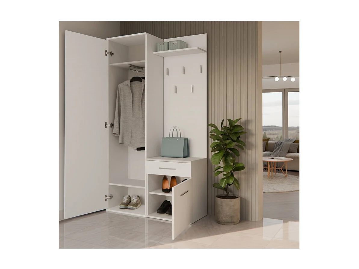 Garderoba Duo | Biała | 100x35x180 cm |Szafa, Lustro, Wieszak, Szuflada, Szafka
