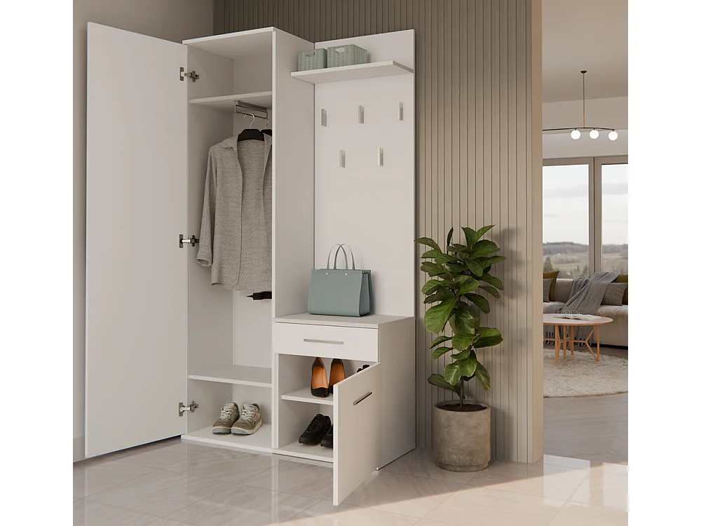Garderoba Duo | Biała | 100x35x180 cm |Szafa, Lustro, Wieszak, Szuflada, Szafka