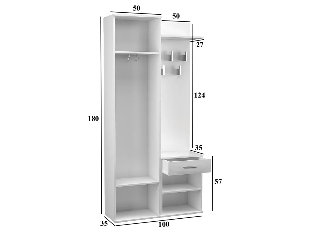 Garderoba Duo | Biała | 100x35x180 cm |Szafa, Lustro, Wieszak, Szuflada, Szafka