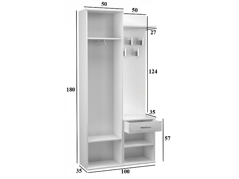 Garderoba Duo | Biała | 100x35x180 cm |Szafa, Lustro, Wieszak, Szuflada, Szafka
