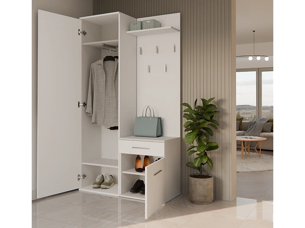 Garderoba Duo | Biała | 100x35x180 cm |Szafa, Lustro, Wieszak, Szuflada, Szafka
