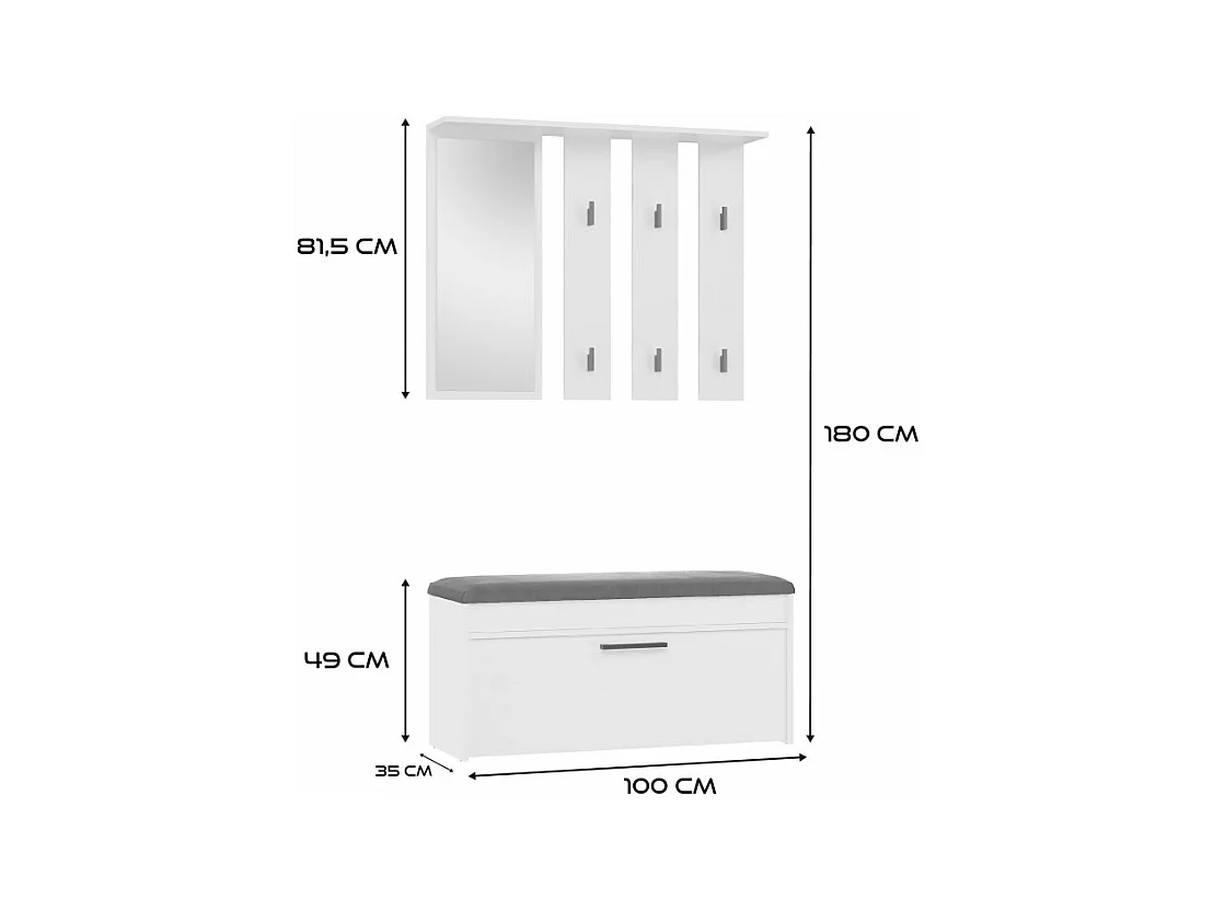 Garderoba Parma | Biała | 100x35x180 cm | Wieszak z lustrem + Szafka