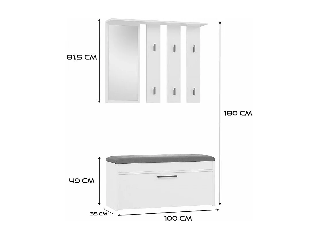 Garderoba Parma | Biała | 100x35x180 cm | Wieszak z lustrem + Szafka