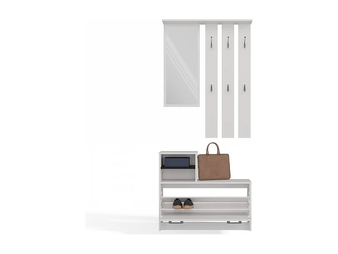 Garderoba Vera |  Biała|  85x24x180 cm |  Wieszak, Lustro, Szafka na Obuwie