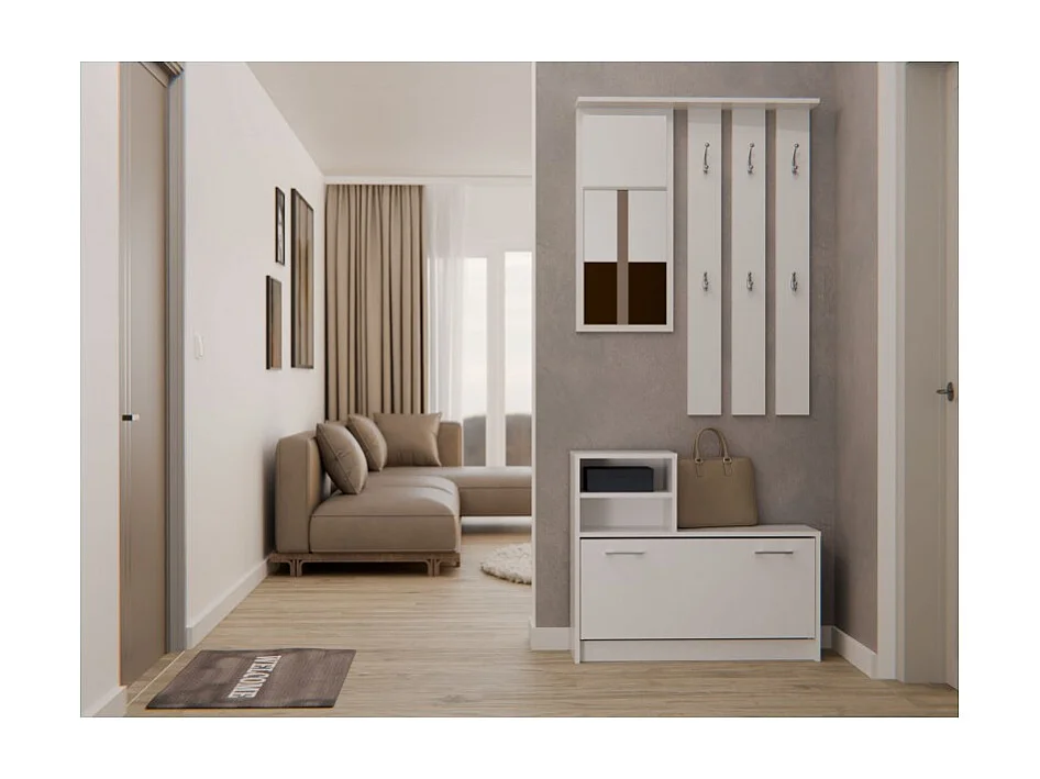 Garderoba Vera |  Biała|  85x24x180 cm |  Wieszak, Lustro, Szafka na Obuwie