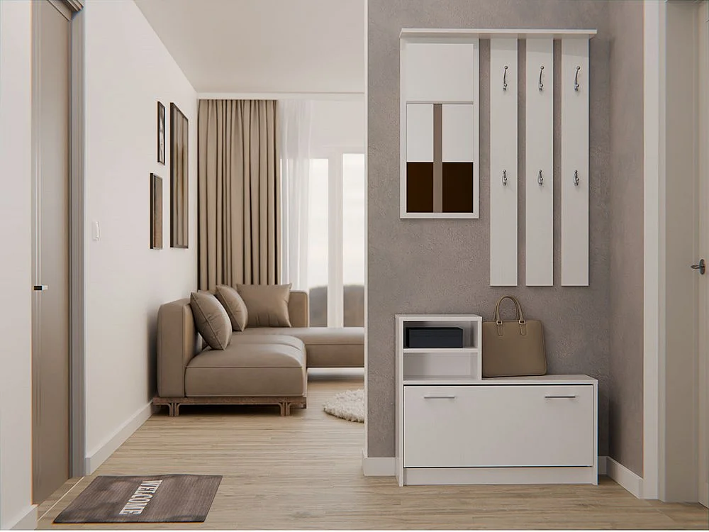 Garderoba Vera |  Biała|  85x24x180 cm |  Wieszak, Lustro, Szafka na Obuwie