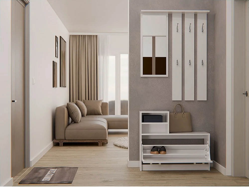 Garderoba Vera |  Biała|  85x24x180 cm |  Wieszak, Lustro, Szafka na Obuwie