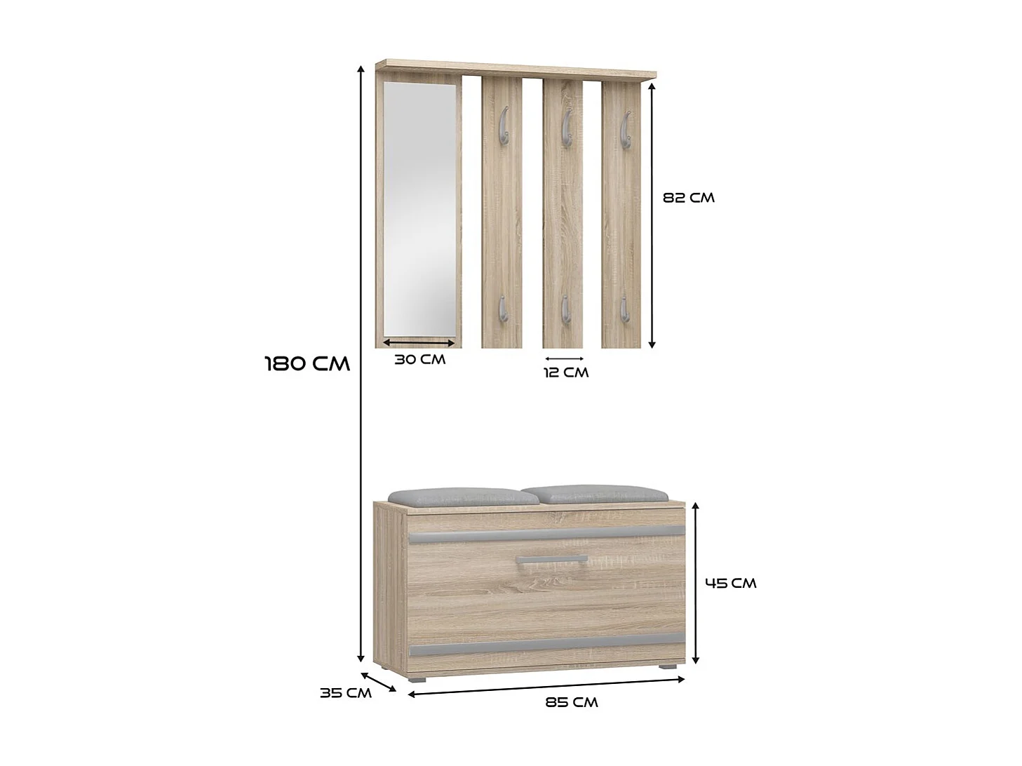 Garderoba Opal | Dąb Sonoma | 85x35x180 | Wieszak + Lustro + Szafka