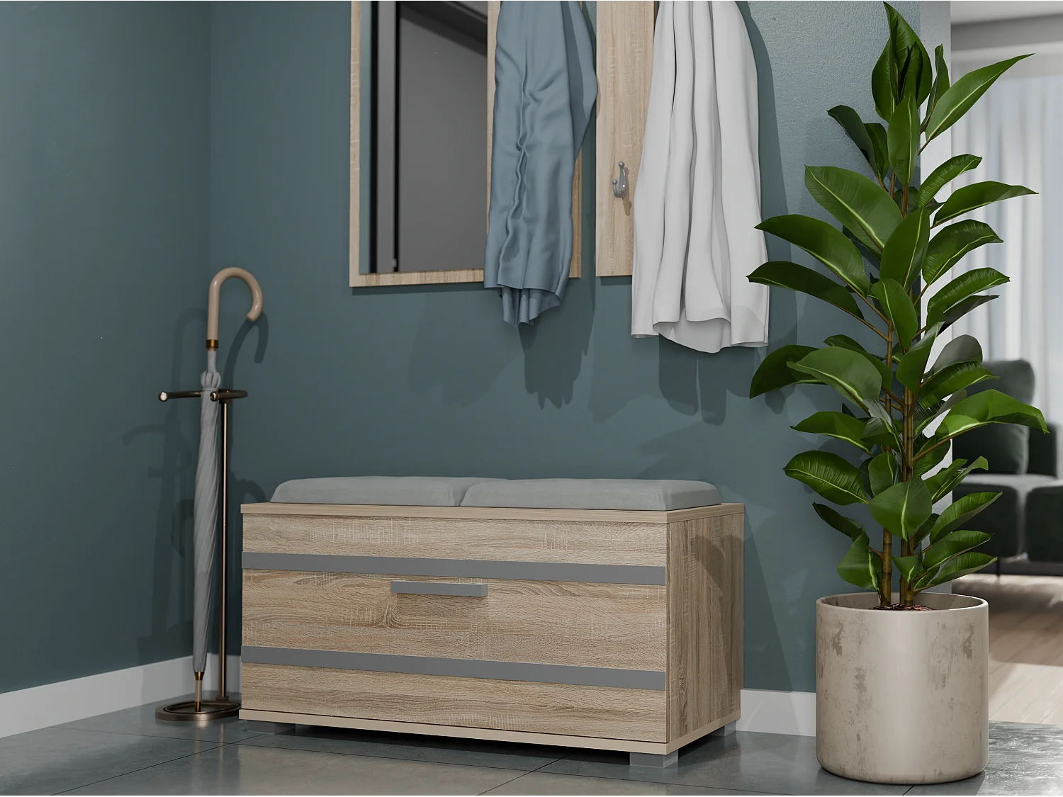 Garderoba Opal | Dąb Sonoma | 85x35x180 | Wieszak + Lustro + Szafka