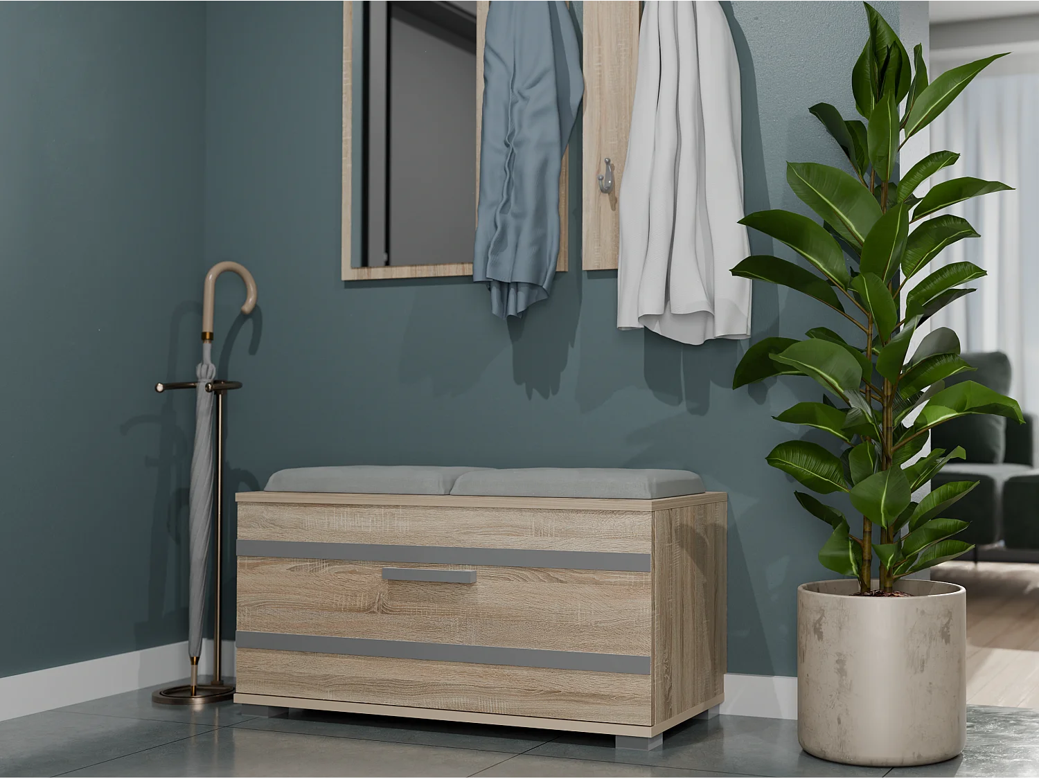 Garderoba Opal | Dąb Sonoma | 85x35x180 | Wieszak + Lustro + Szafka