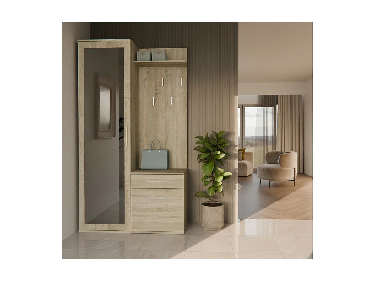 Garderoba Duo | Sonoma | 100x35x180 cm | Szafa, Lustro, Wieszak, Szuflada, Szafka