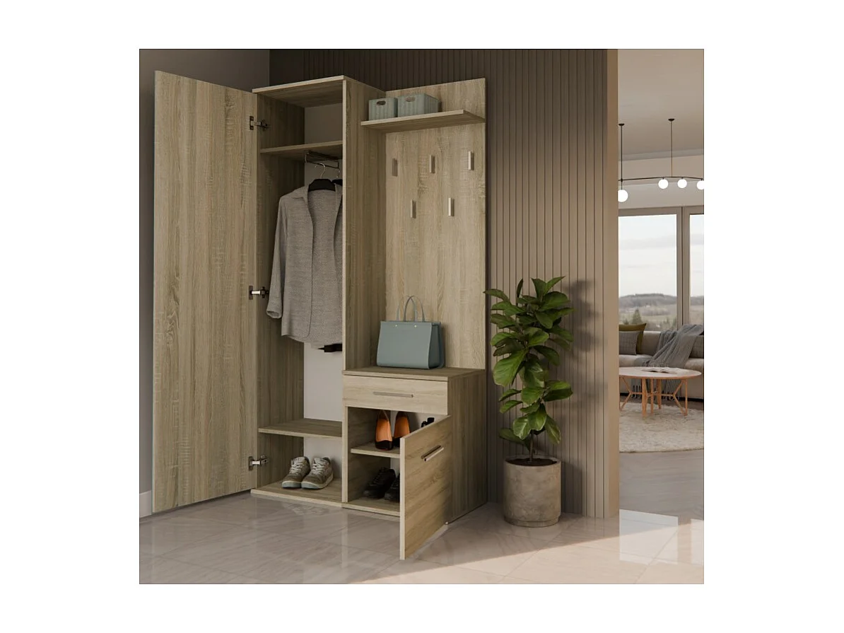 Garderoba Duo | Sonoma | 100x35x180 cm | Szafa, Lustro, Wieszak, Szuflada, Szafka