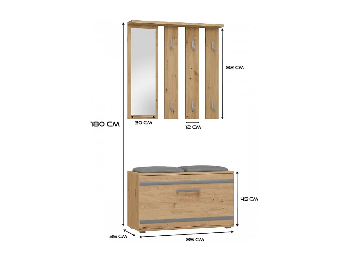 Garderoba Opal | Dąb Artisan | 85x35x180 cm | Wieszak + Lustro + Szafka