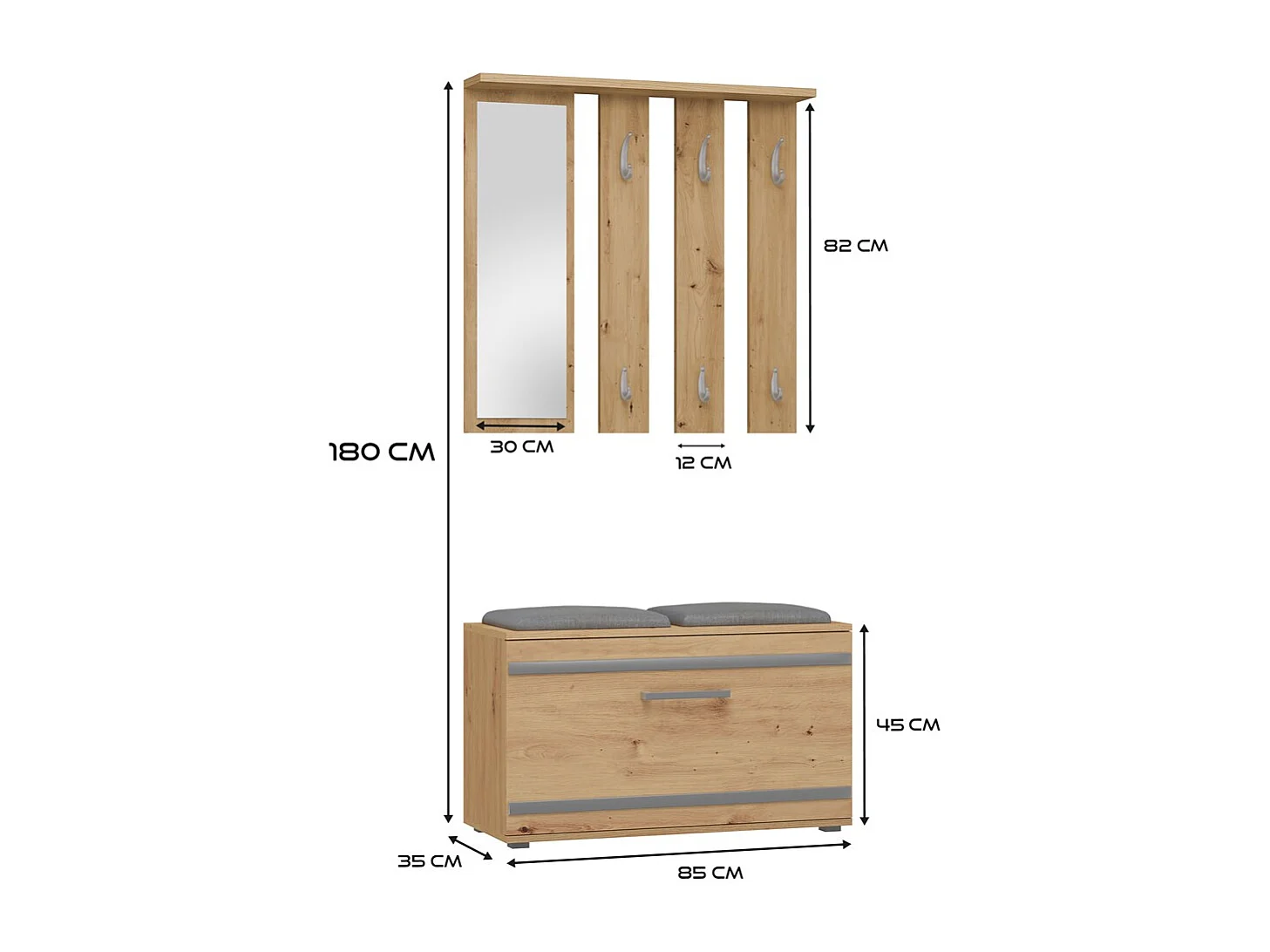 Garderoba Opal | Dąb Artisan | 85x35x180 cm | Wieszak + Lustro + Szafka
