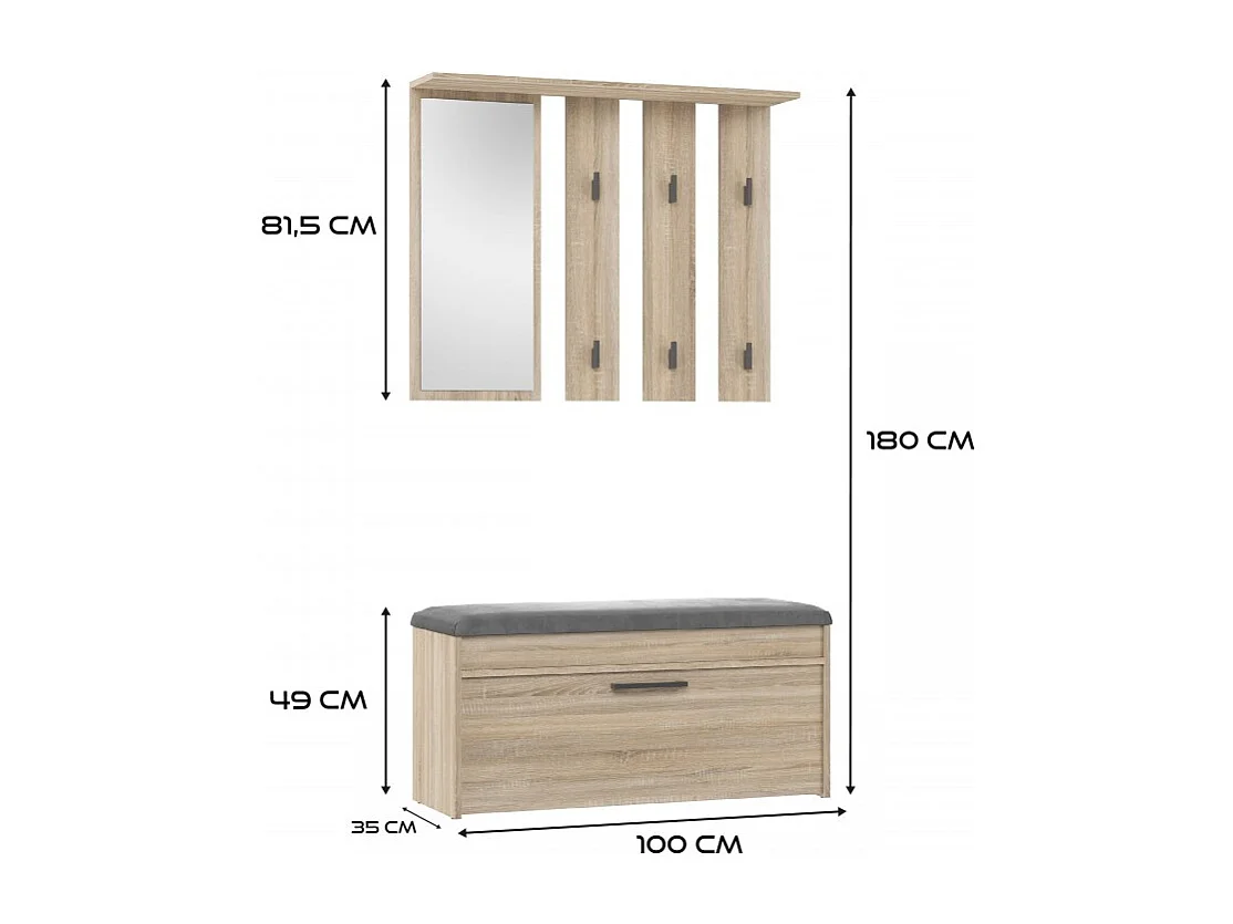 Garderoba Parma | Dąb Sonoma | 100x35x180 cm | Wieszak z lustrem + Szafka