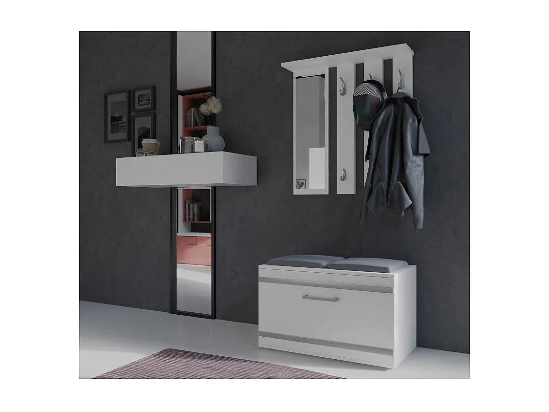 Garderoba Opal | Biała| 85x35x180 cm |  Wieszak + Lustro + Szafka