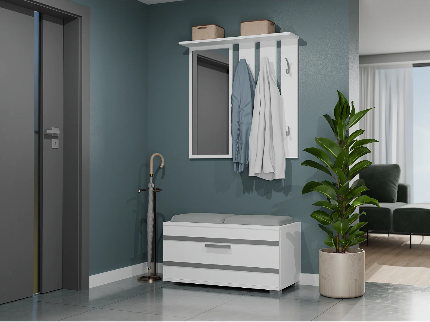 Garderoba Opal | Biała| 85x35x180 cm |  Wieszak + Lustro + Szafka