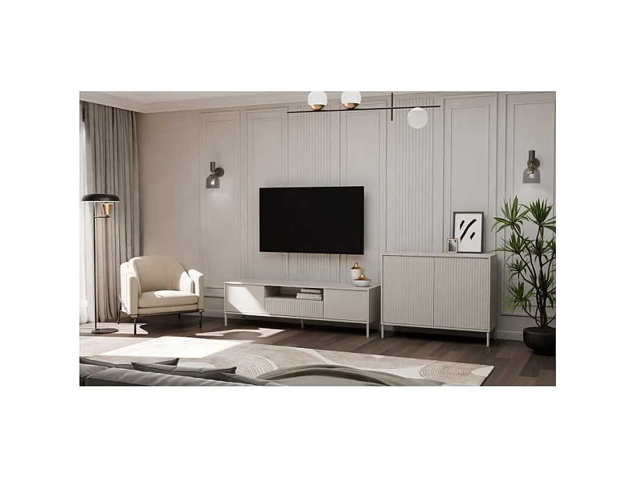 KAMARO – Cómoda moderna con 4 estantes y 2 puertas – 82.5x103.5x40 cm – Beige Cachemira con frente ranurado