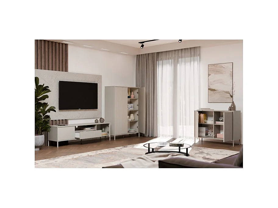 KAMARO – Cómoda moderna con 4 estantes y 2 puertas – 82.5x103.5x40 cm – Beige Cachemira con frente ranurado