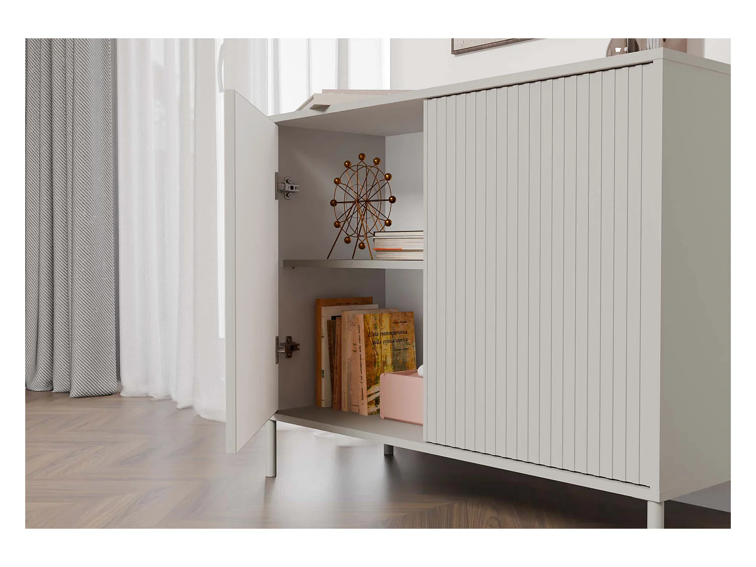 KAMARO – Cómoda moderna con 4 estantes y 2 puertas – 82.5x103.5x40 cm – Beige Cachemira con frente ranurado