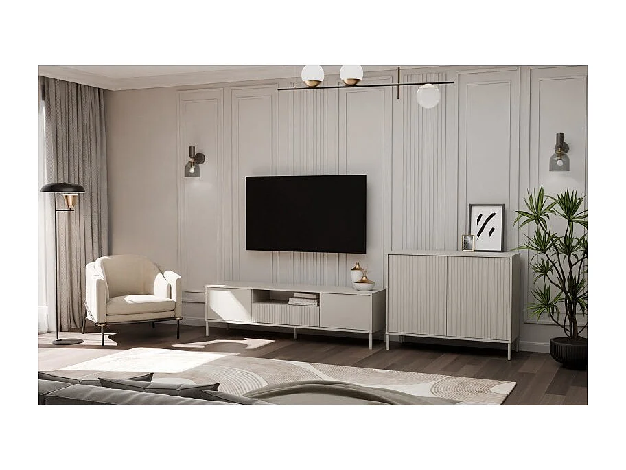 KAMARO – Moderner Kommode mit 4 Regalen und 2 Türen – 82,5x103,5x40 cm – Beige Cachemire mit Rillenfront