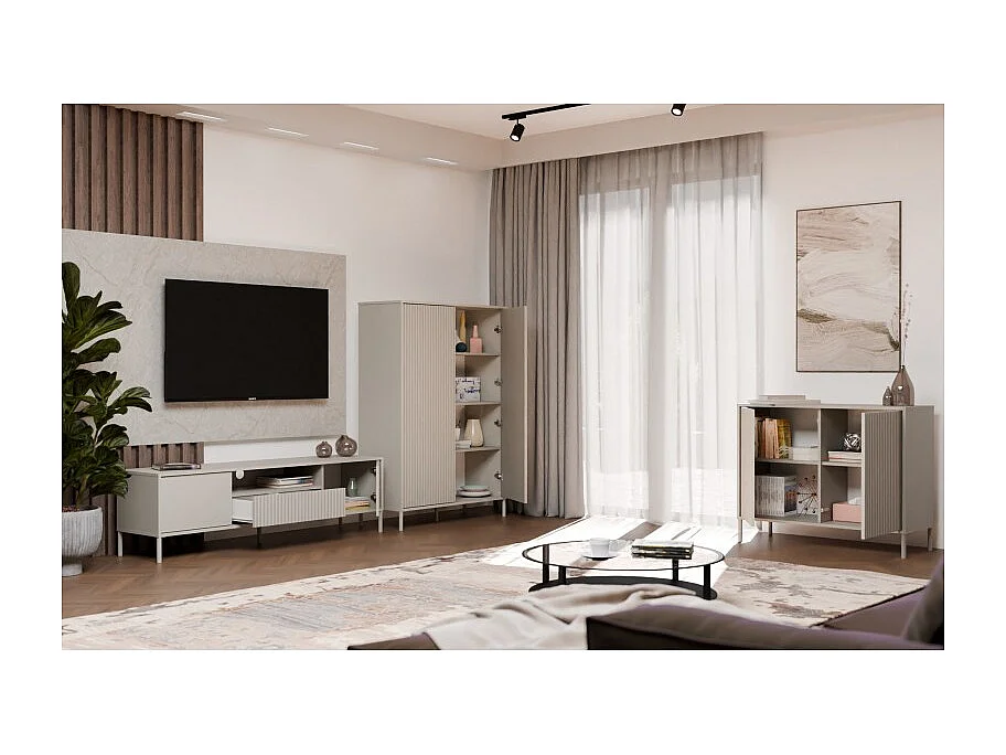 KAMARO – Moderner Kommode mit 4 Regalen und 2 Türen – 82,5x103,5x40 cm – Beige Cachemire mit Rillenfront