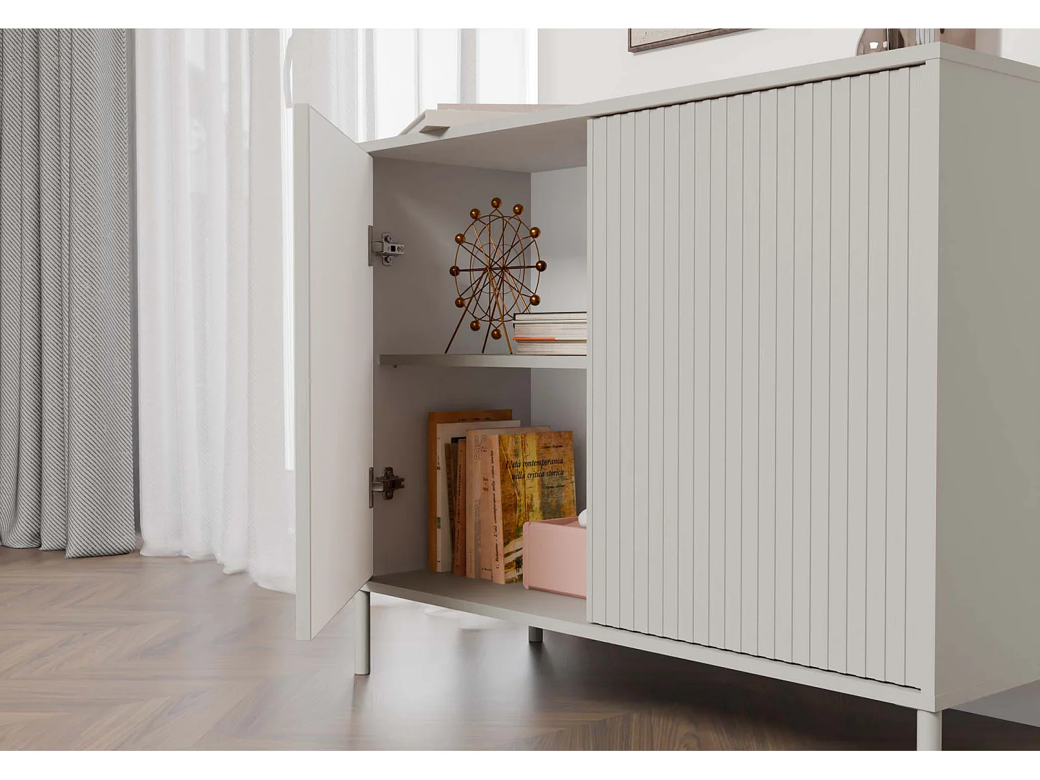 KAMARO – Moderner Kommode mit 4 Regalen und 2 Türen – 82,5x103,5x40 cm – Beige Cachemire mit Rillenfront