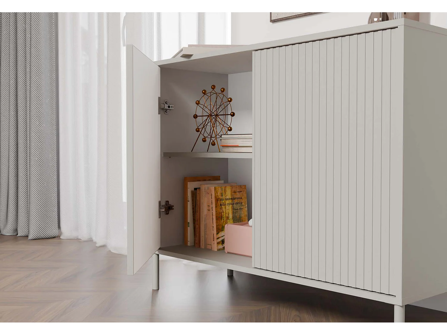 KAMARO – Moderner Kommode mit 4 Regalen und 2 Türen – 82,5x103,5x40 cm – Beige Cachemire mit Rillenfront