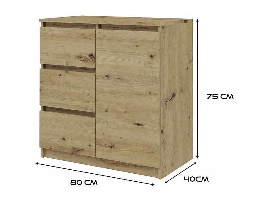 Komoda Malwa 1D3S | Dąb Artisan |80x40x75 cm | 3 Szuflady, 1 Drzwi