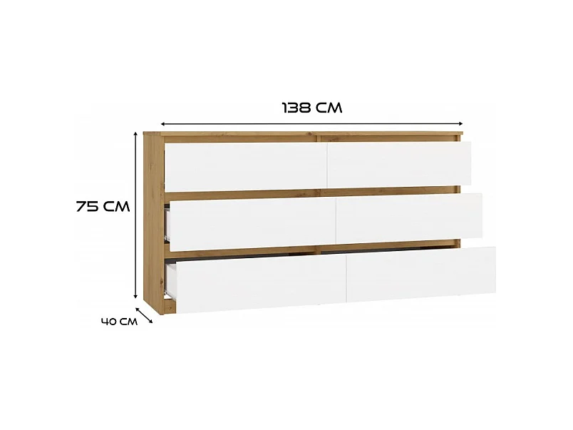Komoda Malwa M6 | Dąb Artisan/Biały | 138x40x75 cm | Klasyczny Design