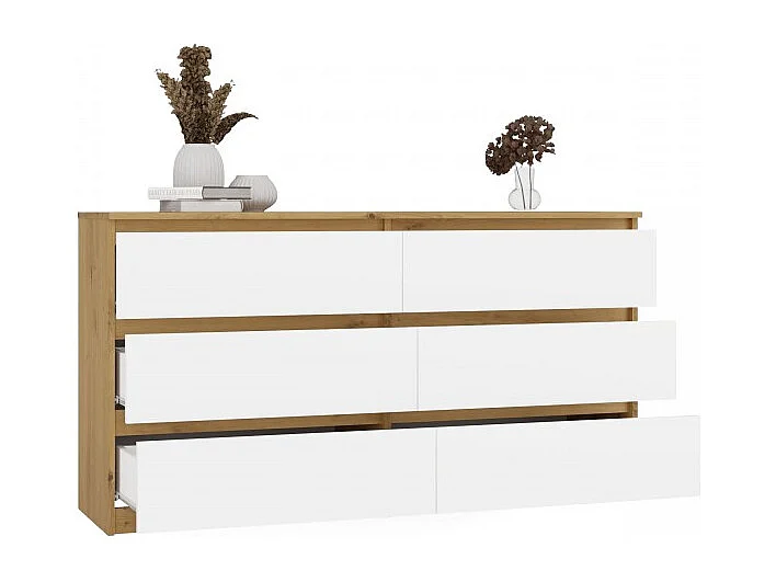 ASTER – Breite Kommode für Schlafzimmer, Wohnzimmer oder Büro – 6 Schubladen – 138x40x75 cm – Handwerks und Weiß