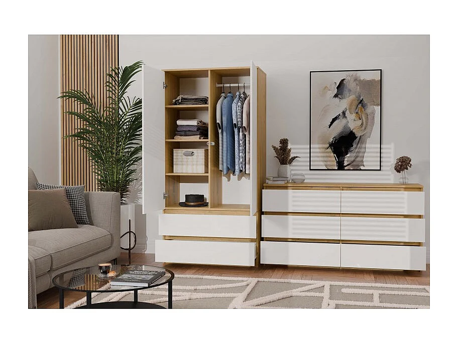 ASTER – Breite Kommode für Schlafzimmer, Wohnzimmer oder Büro – 6 Schubladen – 138x40x75 cm – Handwerks und Weiß