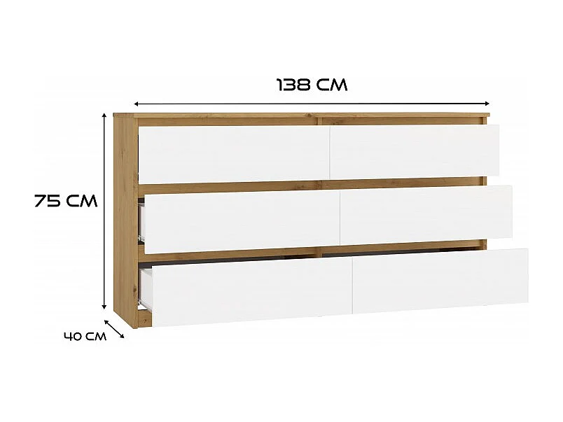 ASTER – Breite Kommode für Schlafzimmer, Wohnzimmer oder Büro – 6 Schubladen – 138x40x75 cm – Handwerks und Weiß