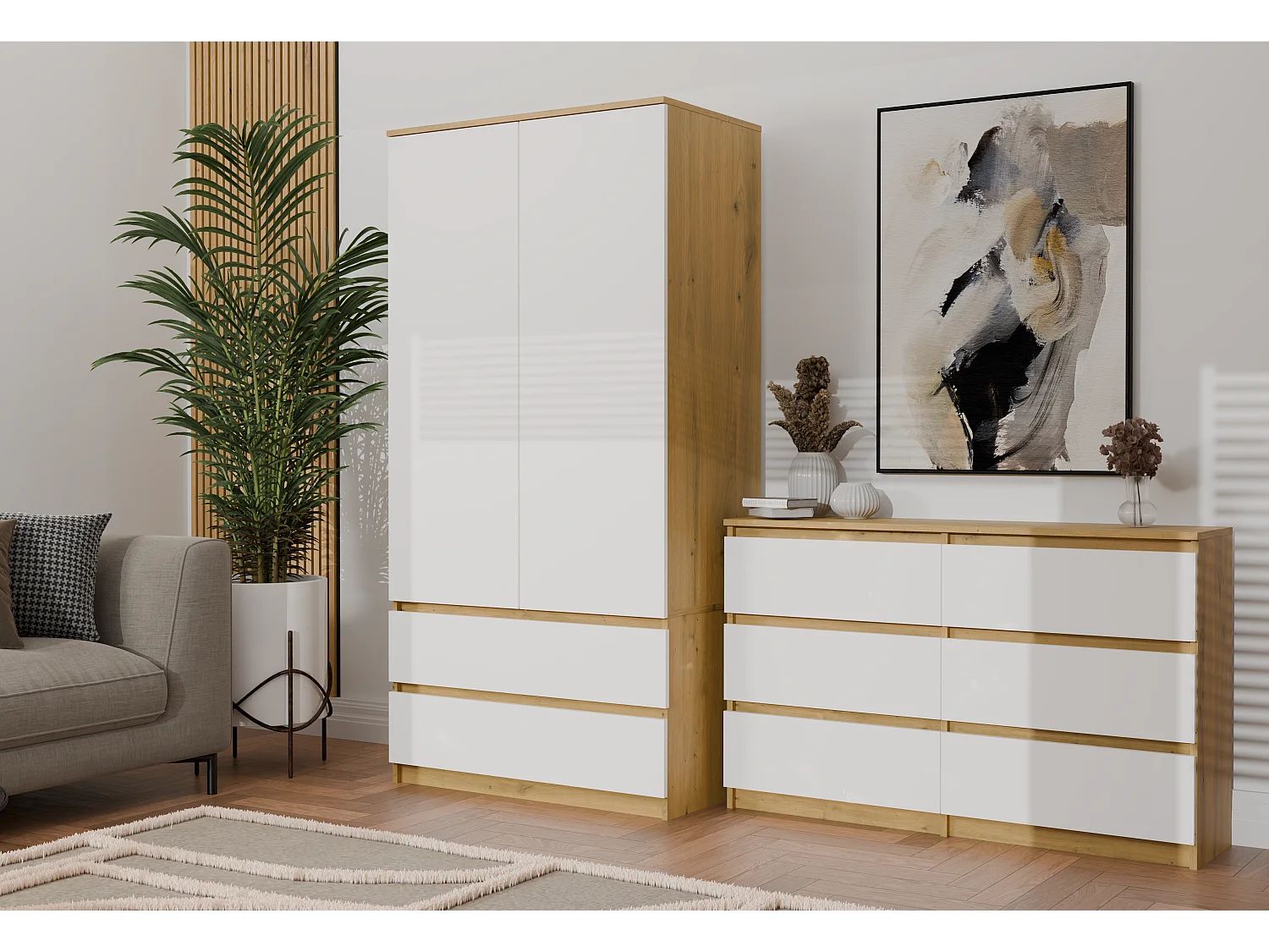 ASTER – Breite Kommode für Schlafzimmer, Wohnzimmer oder Büro – 6 Schubladen – 138x40x75 cm – Handwerks und Weiß