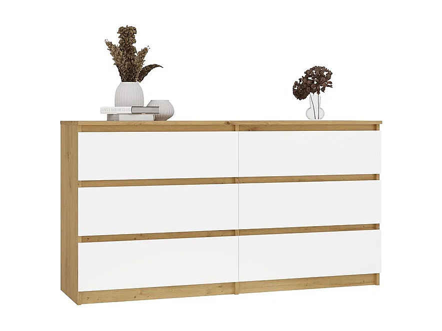 ASTER – Breite Kommode für Schlafzimmer, Wohnzimmer oder Büro – 6 Schubladen – 138x40x75 cm – Handwerks und Weiß