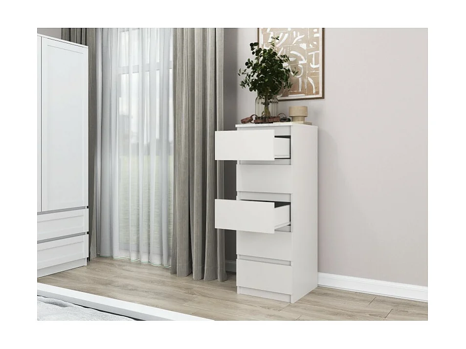 Komoda Malwa W5 | Biała | 40x45x111 cm | Komoda z  5 Szufladami