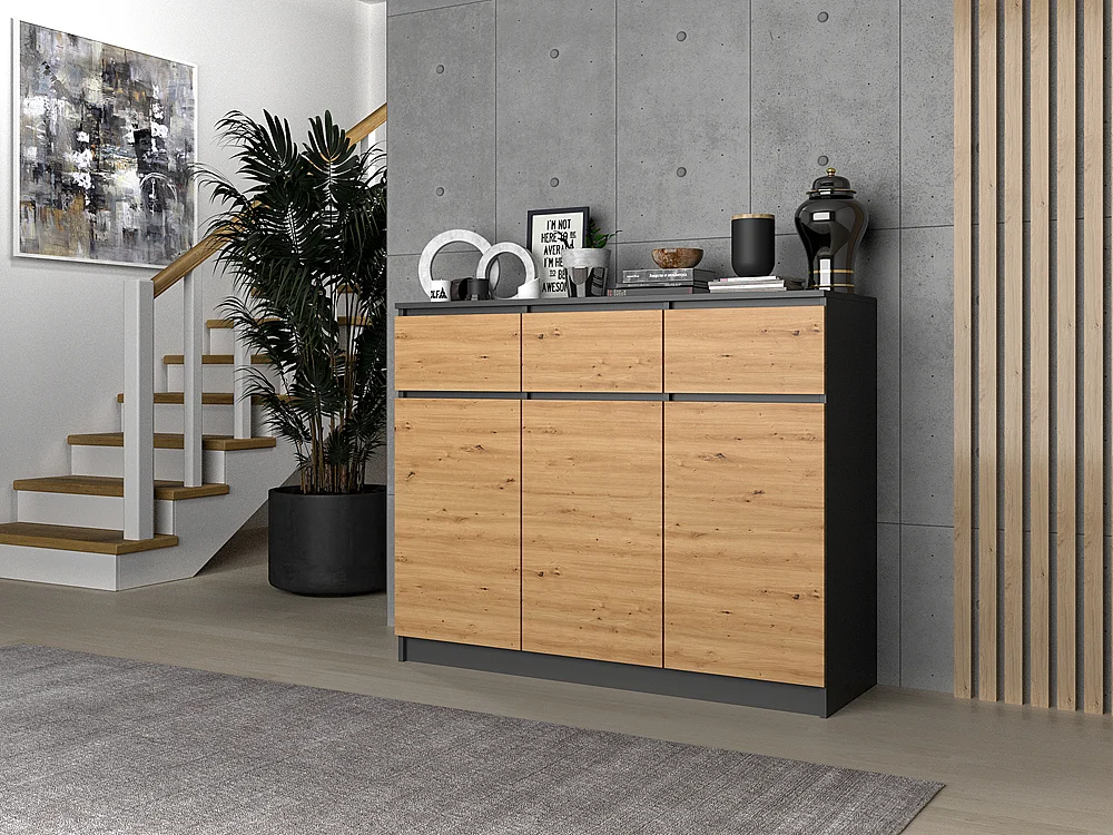 Komoda Malwa 3D3S | Antracyt/Dąb Artisan | 120x40x97 cm |3 Drzwi 3 Szuflady