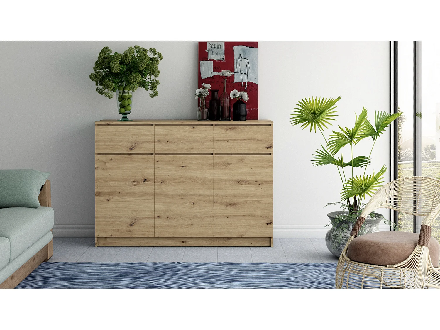 Komoda Malwa 3D3S | Dąb Artisan| 120x40x97 cm |3 Drzwi 3 Szuflady