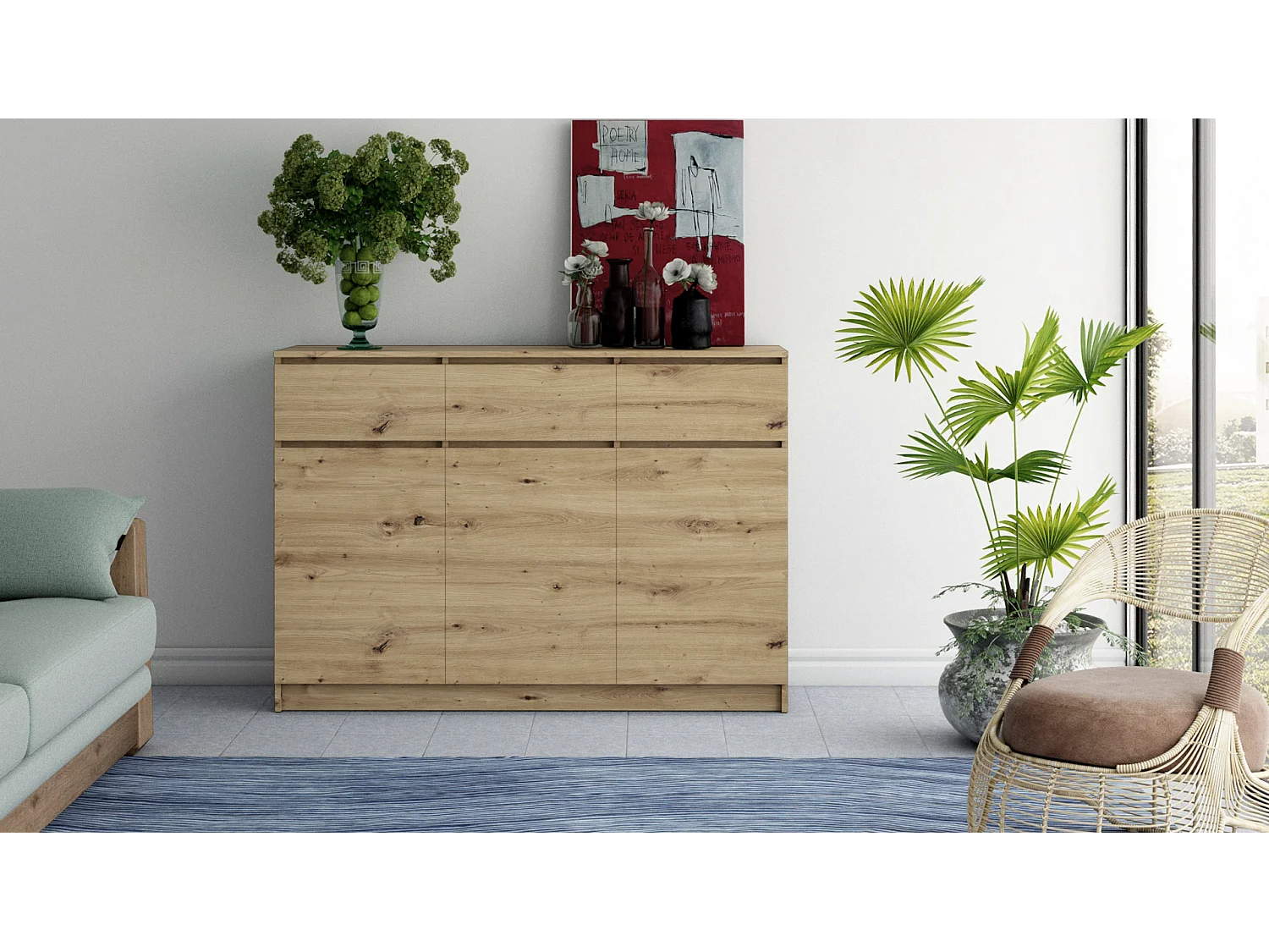 Komoda Malwa 3D3S | Dąb Artisan| 120x40x97 cm |3 Drzwi 3 Szuflady