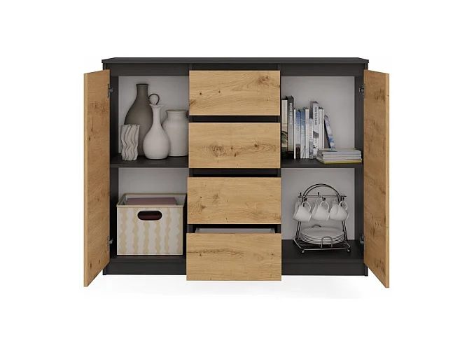 Komoda Malwa 2D4S | Antracyt/Dąb Artisan | 120x40x97 cm | 2 Drzwi, 4 Szuflady