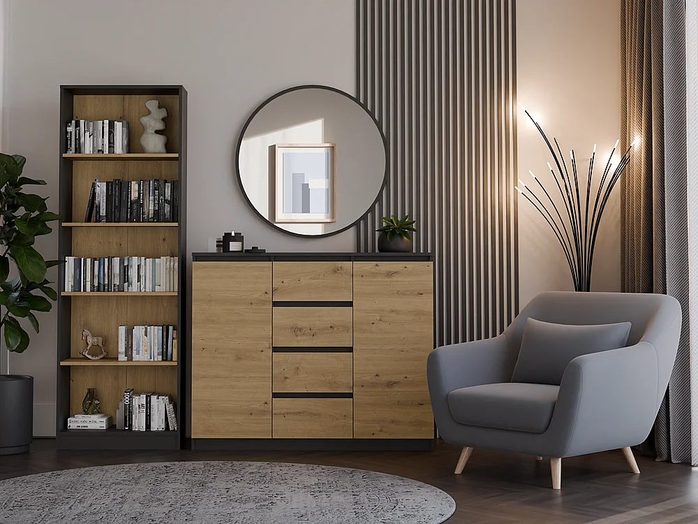 Komoda Malwa 2D4S | Antracyt/Dąb Artisan | 120x40x97 cm | 2 Drzwi, 4 Szuflady