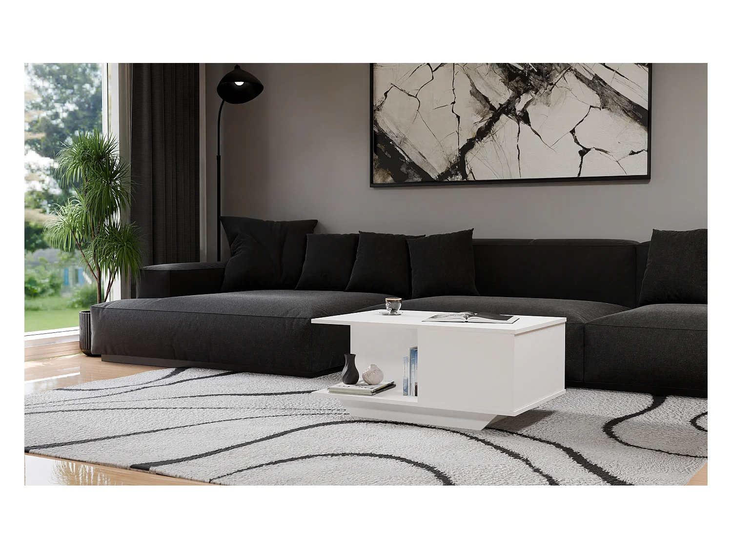 Stolik Kawowy Denver Biały Nowoczesny z Dębu Ręcznie Robiony z Schowkiem - 90x60x42 cm