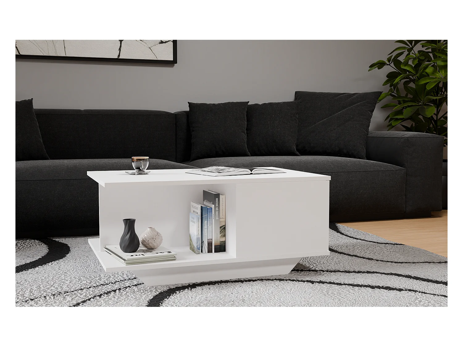 Stolik Kawowy Denver Biały Nowoczesny z Dębu Ręcznie Robiony z Schowkiem - 90x60x42 cm