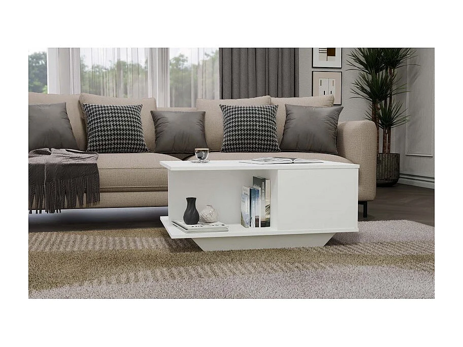 Stolik Kawowy Denver Biały Nowoczesny z Dębu Ręcznie Robiony z Schowkiem - 90x60x42 cm