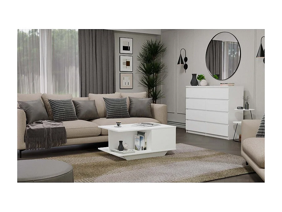 Stolik Kawowy Denver Biały Nowoczesny z Dębu Ręcznie Robiony z Schowkiem - 90x60x42 cm