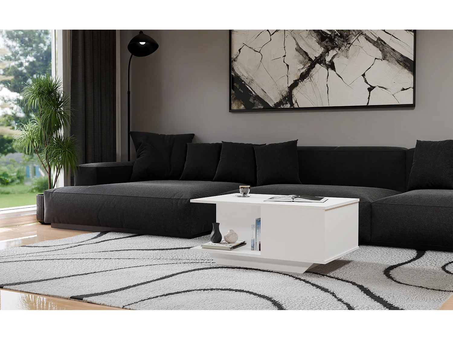 Stolik Kawowy Denver Biały Nowoczesny z Dębu Ręcznie Robiony z Schowkiem - 90x60x42 cm