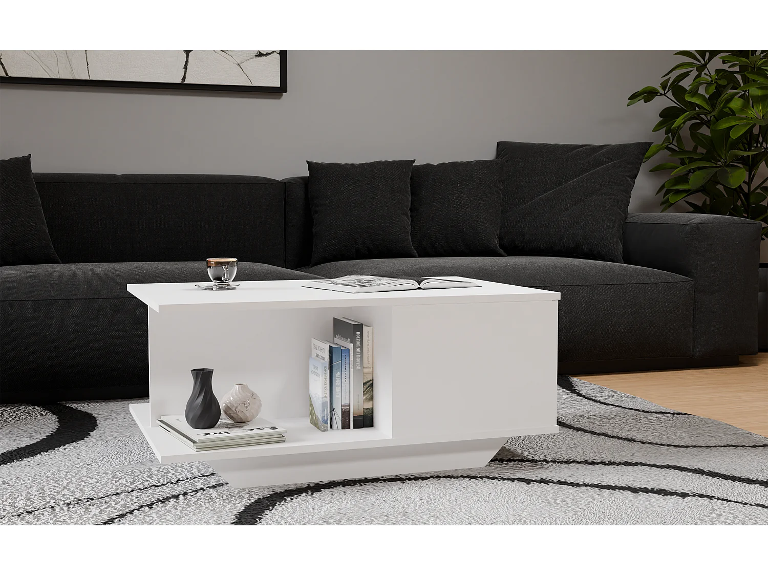 Stolik Kawowy Denver Biały Nowoczesny z Dębu Ręcznie Robiony z Schowkiem - 90x60x42 cm