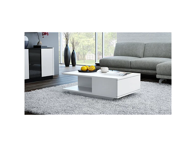 Stolik Kawowy Denver Biały Nowoczesny z Dębu Ręcznie Robiony z Schowkiem - 90x60x42 cm