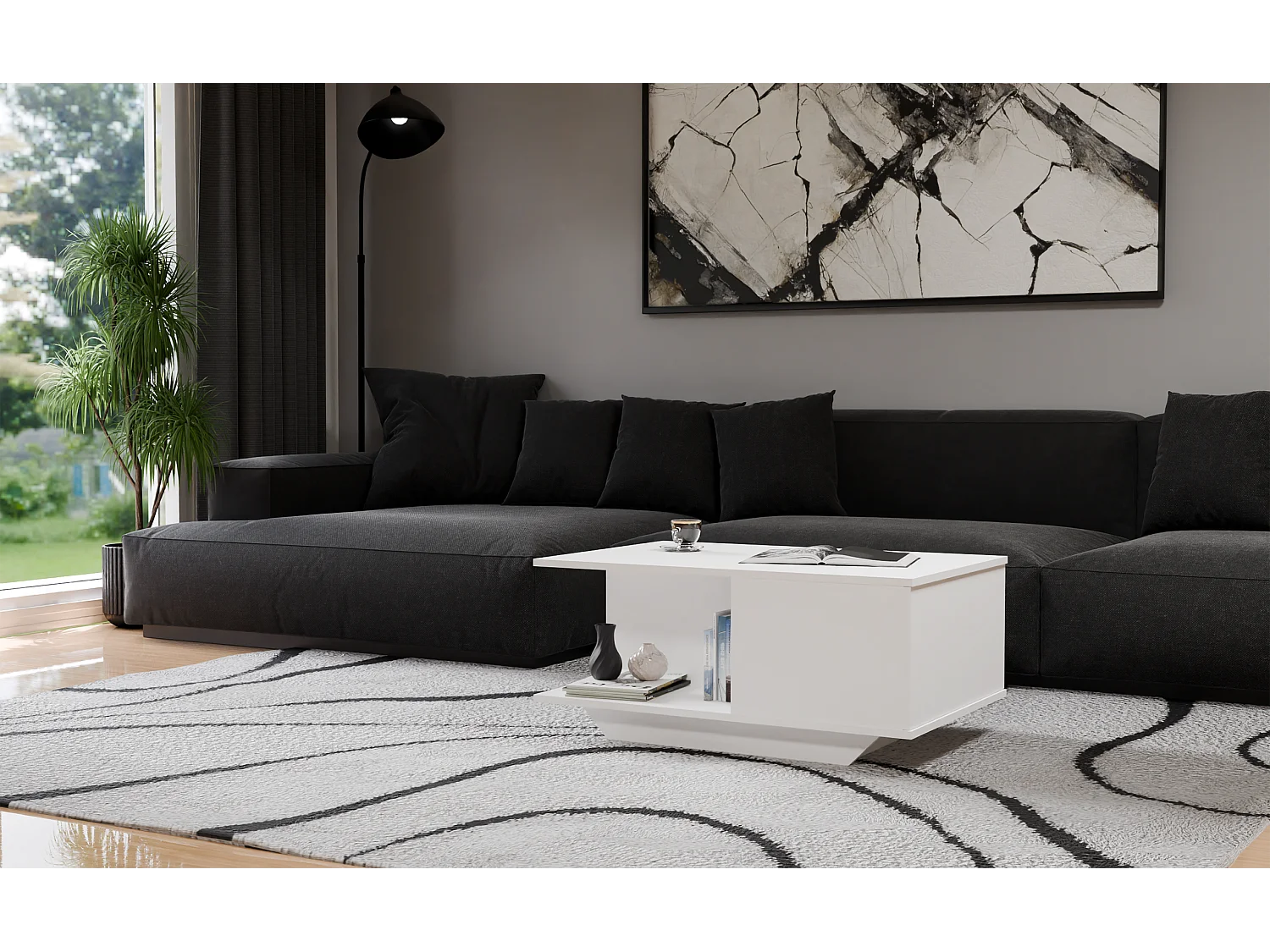 Stolik Kawowy Denver Biały Nowoczesny z Dębu Ręcznie Robiony z Schowkiem - 90x60x42 cm